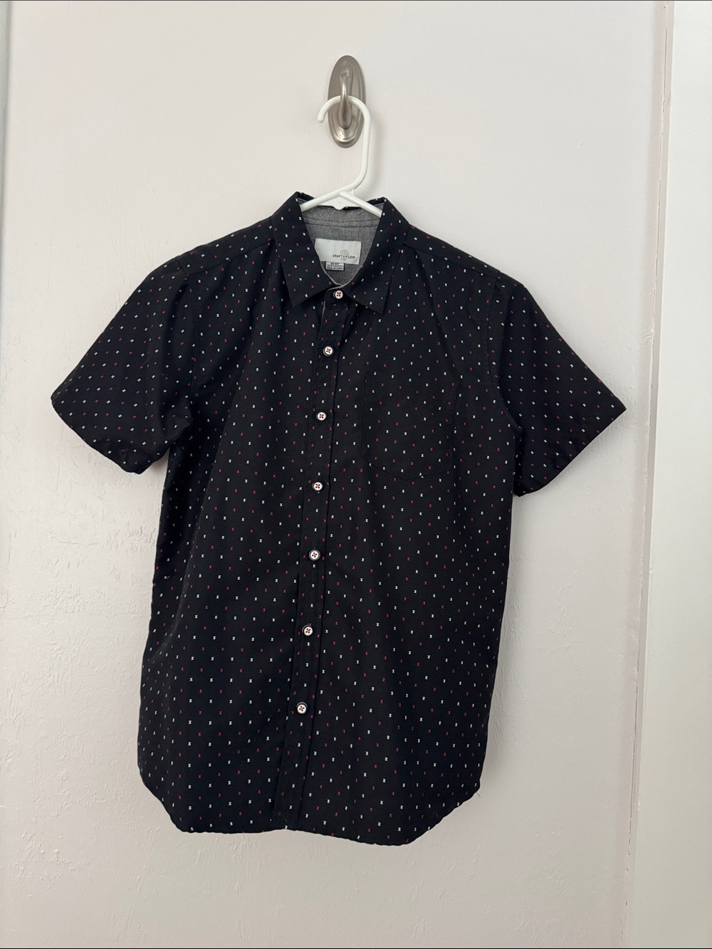 Boys' Short Sleeve Button-Up Shirt in Black with Red Dot Print